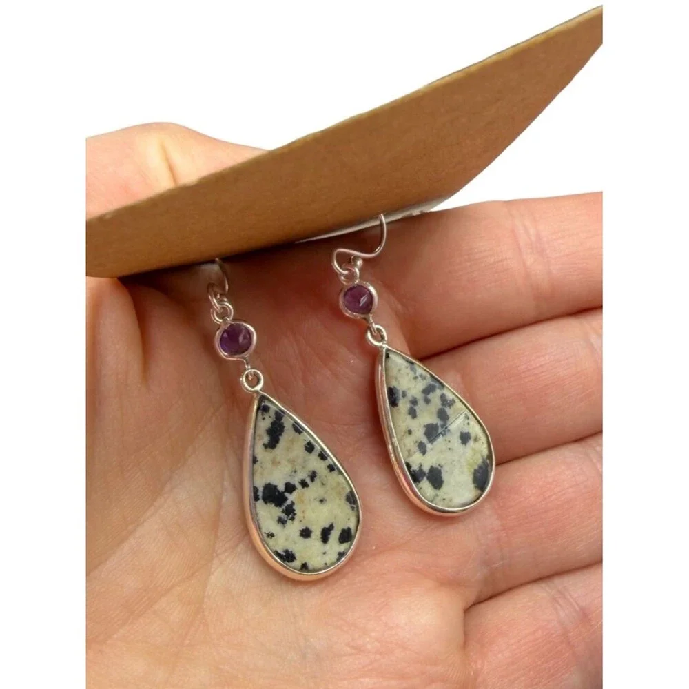Dalmatian Jasper Amethyst Earrings Solid 925 Sterling Silver